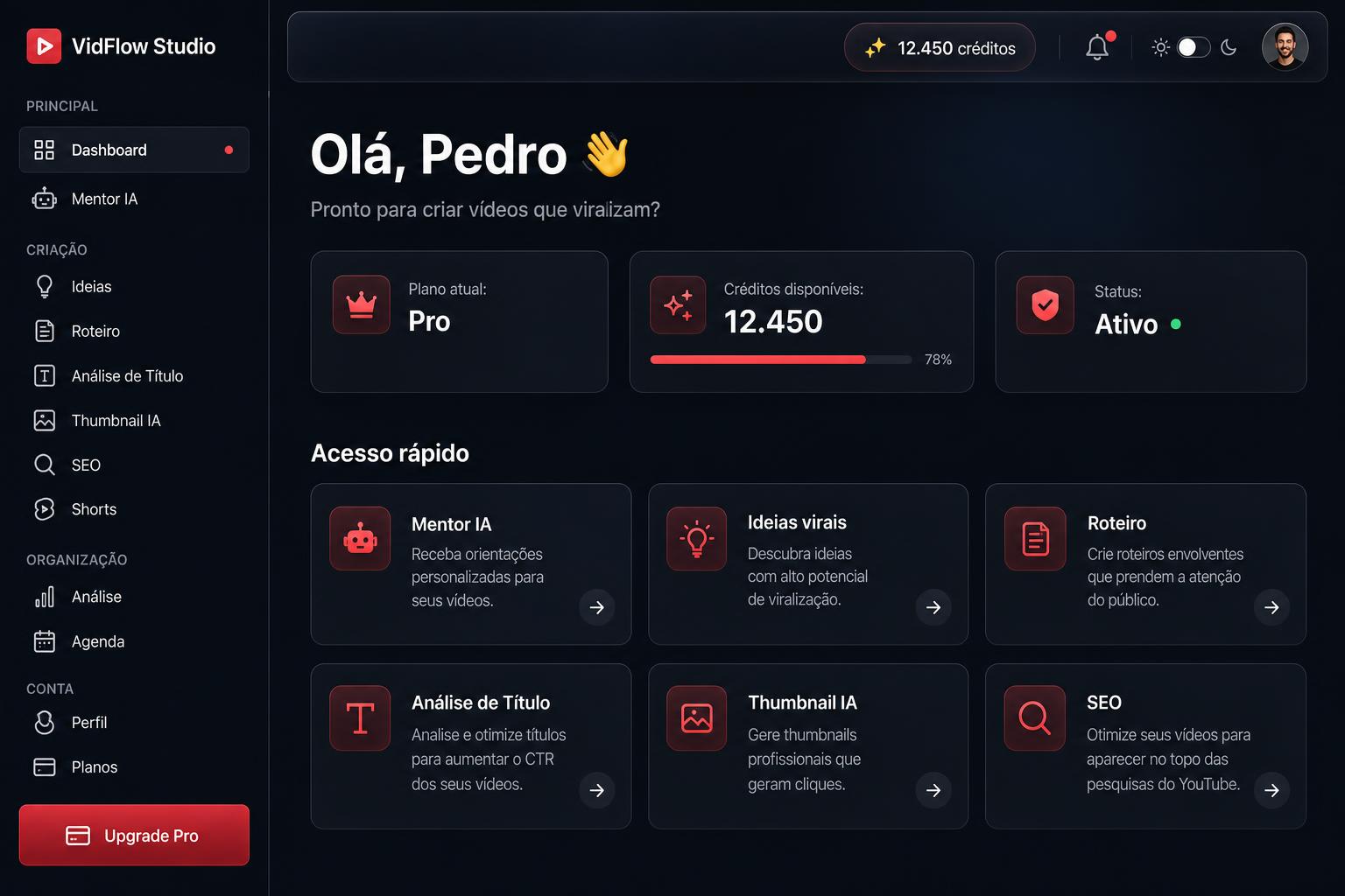 Dashboard do VidFlow Studio mostrando plano, créditos e acesso rápido às ferramentas