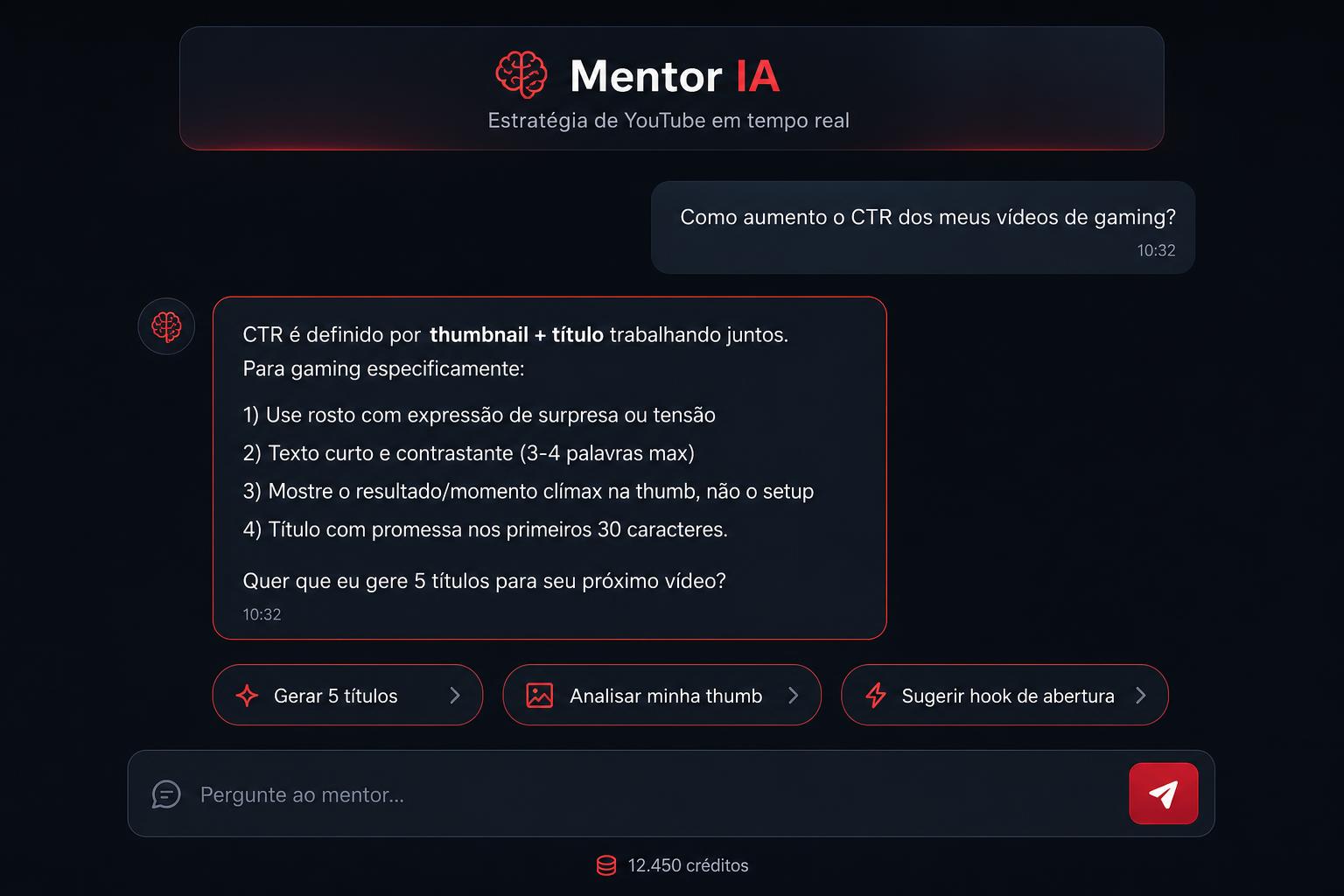 Tela do Mentor IA respondendo sobre CTR de vídeos de gaming