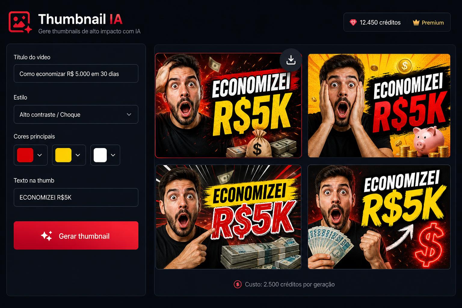 Tela do gerador de thumbnails com 4 variações de alto contraste